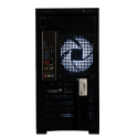 Rear panel view of X-6 XEN Black case showing I/O ports and blue-lit rear fan