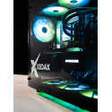 Close-up of Xidax X-6 case glass panel with teal RGB fans and Xidax logo