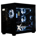 X-6 9800X3D + RTX 5090 ONAMI BLACK gaming desktop - rear angle, glass panel, white LED cooling fans