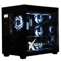X-6 9800X3D + RTX 5090 ONAMI BLACK gaming desktop - rear angle, glass panel, white LED cooling fans