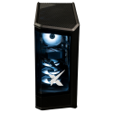 X-6 RTX 5070 + i7 14700F TENRAI BLACK gaming desktop - black angular case with blue-lit interior view